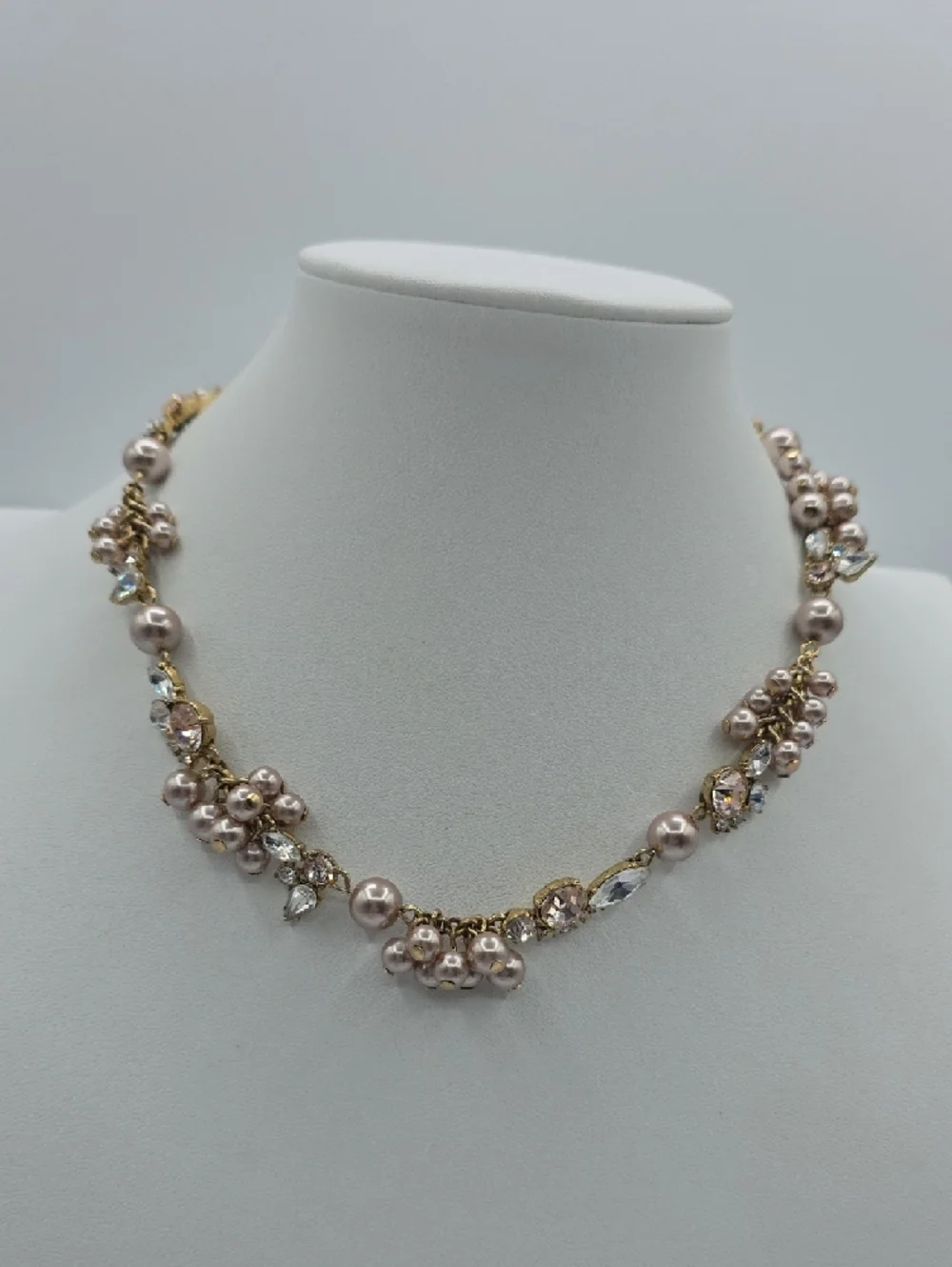J. Crew Gold-Tone Necklace with Blush Pearl Clusters and Clear Crystals